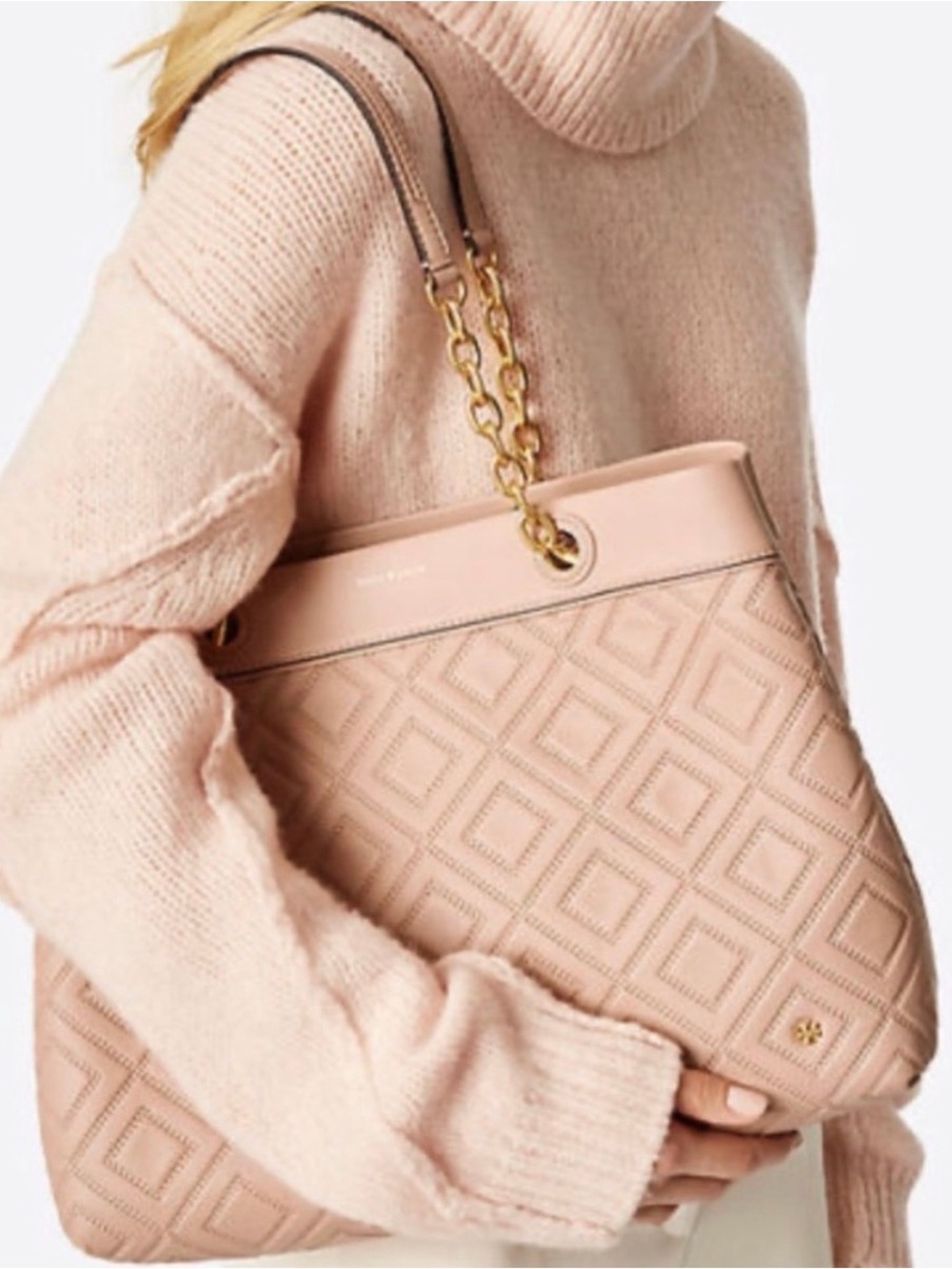 Tory Burch Quilted Fleming Pink Tote with Gold Chain Straps